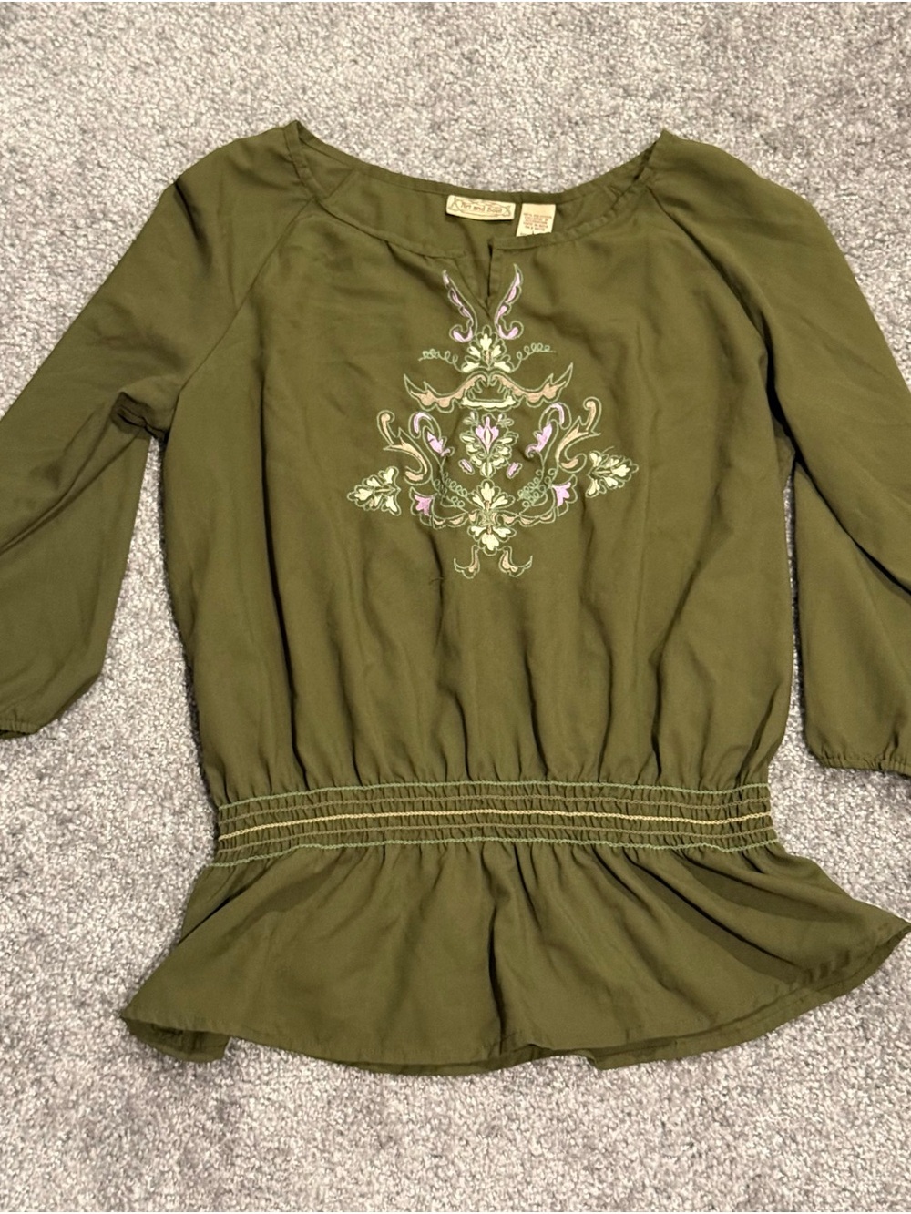 Embroidered Olive Green Peplum Blouse - Women